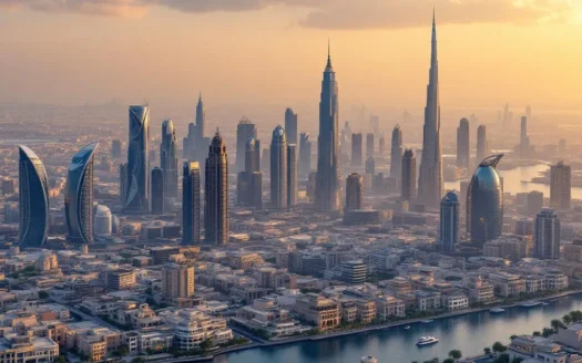 Modern skyline of Dubai with various buildings and properties