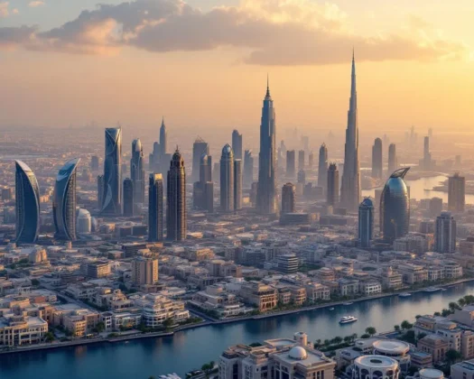 Modern skyline of Dubai with various buildings and properties