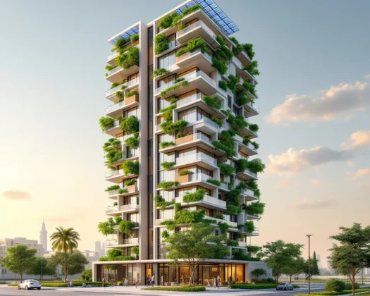 Skyline of Dubai with modern green buildings