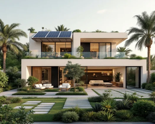 Sustainable villas in Dubai with solar panels and greenery