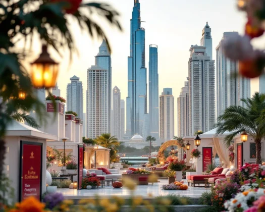 Vibrant cultural event in Dubai with cityscape background